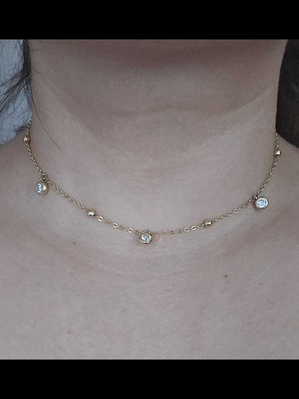 Gold Pleated CZ Bezel Station 15 Inch Choker Necklace - Women